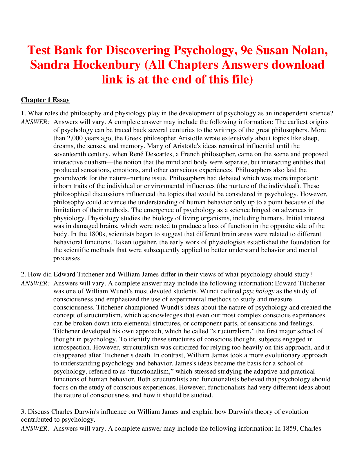 Preview of Discovering Psychology, 9e Susan Nolan, Sandra Hockenbury (Test Bank)